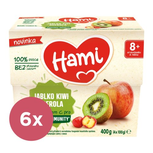 6x HAMI Príkrm ovocný 100% ovocie jablko kivi acerola 400g