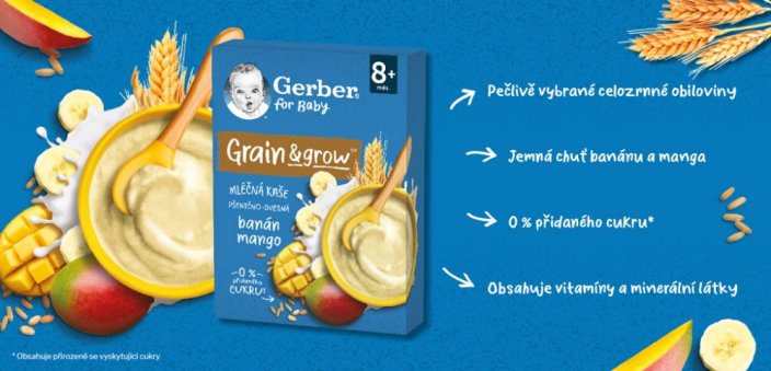 GERBER Kaša mliečna pšenično-ovsená banán a mango 200 g, 8+