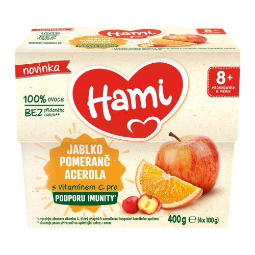 6x HAMI Príkrm ovocný 100% ovocie jablko pomaranč acerola 400g