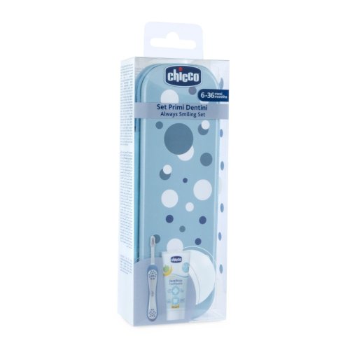 CHICCO Set zubná kefka a pasta v puzdre Always smiling - light blue, 6m+