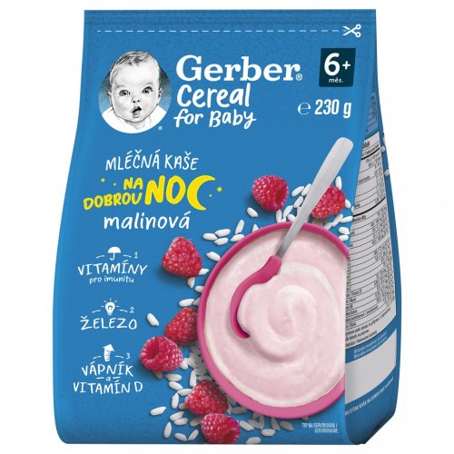 GERBER Kaša mliečna cereal malinová Dobrú noc 230 g